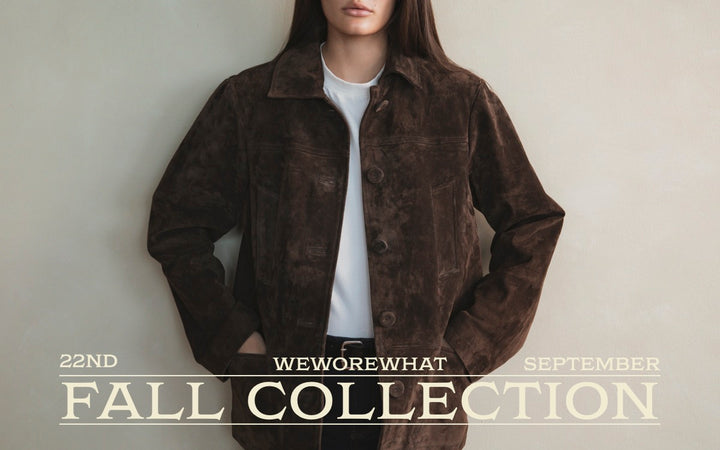 Person wearing a brown premium suede jacket with text for a fall collection event.
