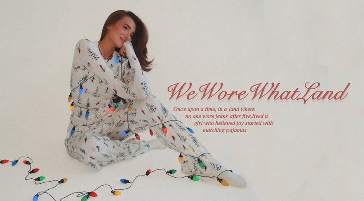 Danielle Bernstein wearing matching pajamas with Christmas lights, sitting on a white background with text overlay.