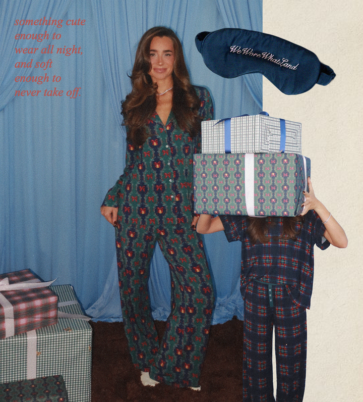 Danielle Bernstein wearing a patterned pajama set with a secondary image holding wrapped gifts, against a blue curtain background.
